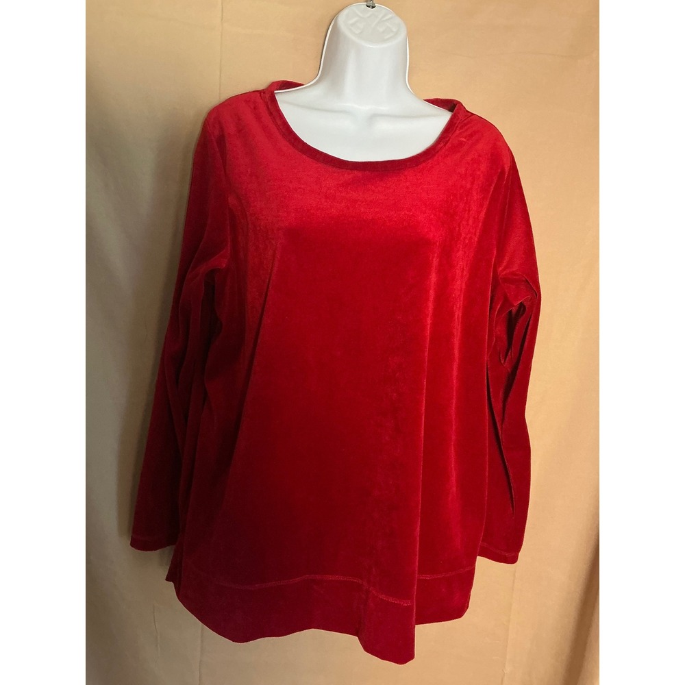Woman Within Velvet Tunic Top Womens Medium Red Excellent Long Sleeve Side Slits